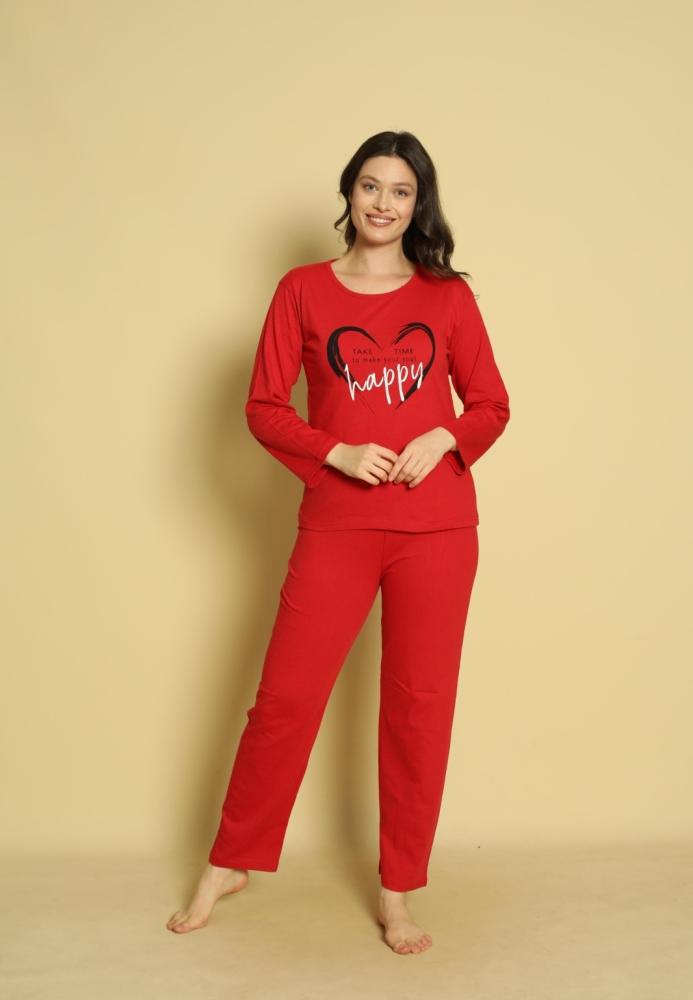 Pijama dama Serena-maneca lunga si pantalon lung, culoare rosu ,Engros